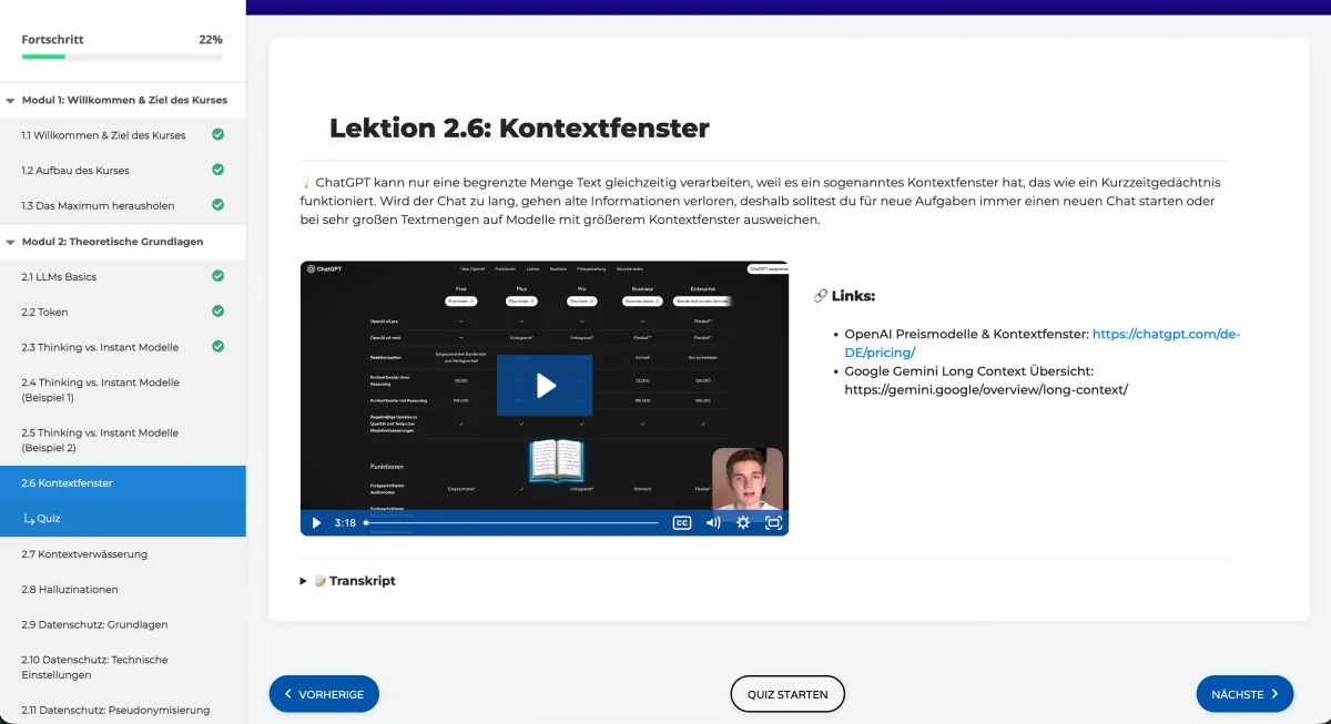 Screenshot der Videolektionen-Übersicht im KI-Kompass