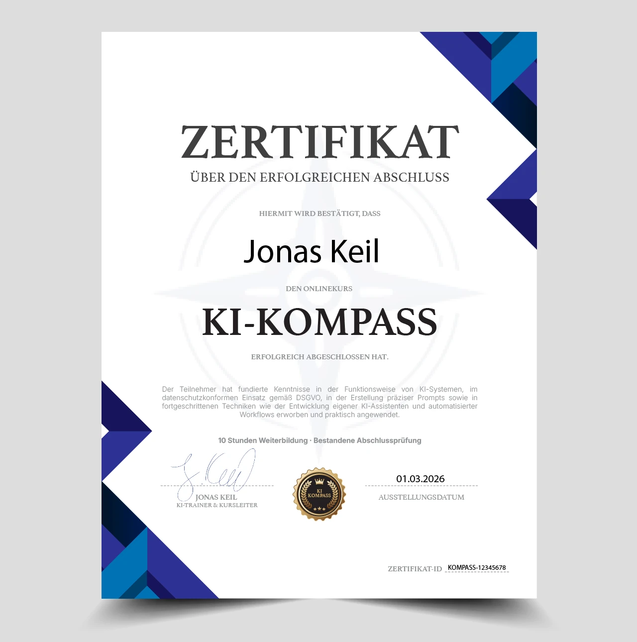 KI-Kompass Zertifikat nach bestandener Abschlussprüfung